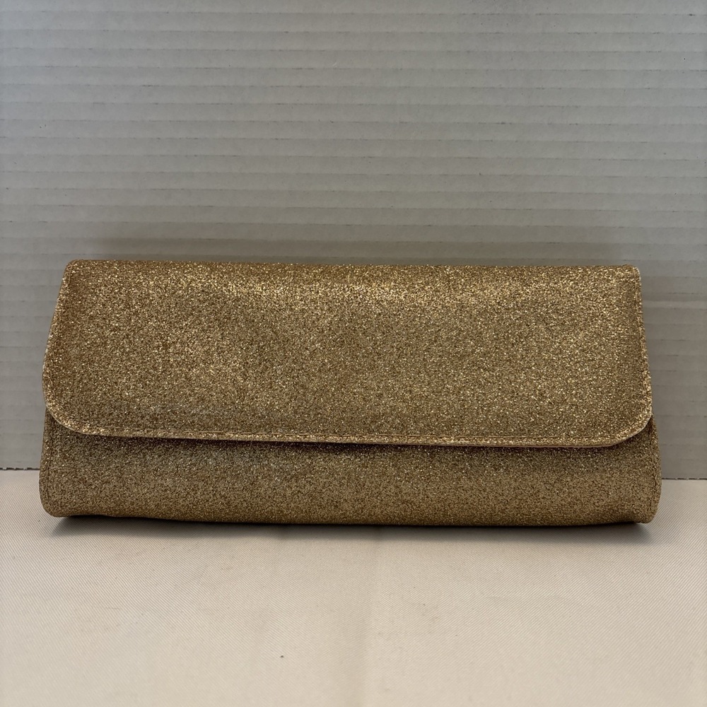 Bare Essentials.  Gold Glitter Flap Clutch Evening Handbag.